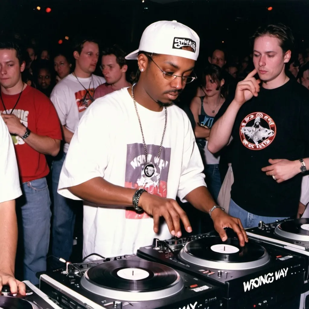 Prompt: dj ninja duke mixing and scratching on two turntables way too fast at the 1997 wrong way u.s.a. dj mixing finals