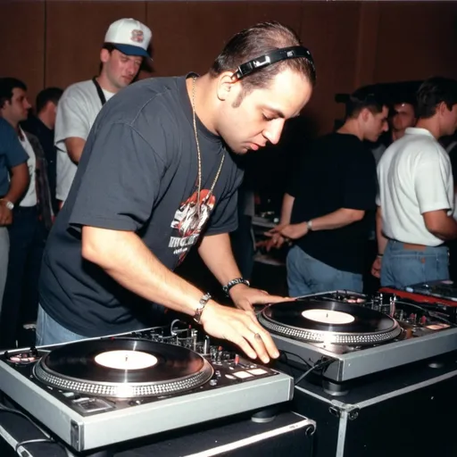 Prompt: dj  benny bass mixing and scratching on two turntables extremely too fast at the 1994 wrong way u.s.a dj mixing finals