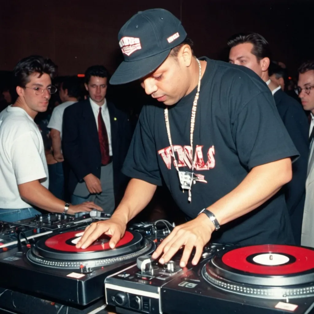 Prompt: dj red dormato mixing and scratching on two turntables way too fast at the 1991 wrong way dj u.s.a. finals