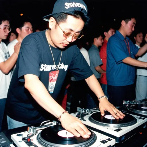 Prompt: dj xuan qigang from china mixing and scratching on two turntables way too fast at the 1990 stanton world dj mixing championships eliminations