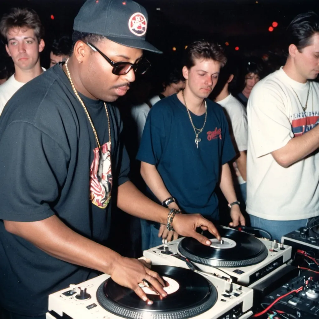 Prompt: dj grute smith mixing and scratching on two turntables way too fast at the 1990 wrong way u.s.a dj mixing finals