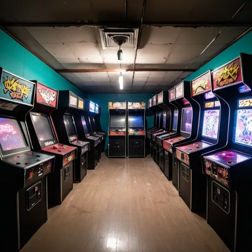 Prompt: dj wrong way's new japan gangsta arcade game center back section arcade hall with 60 arcade machines- 30 on left and 30 on right-this is an abandoned arcade of the rough community