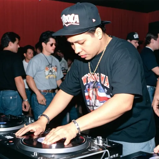 Prompt: dj bobby amaya mixing and scratching on two turntables way too fast at the 1991 wrong way dj u.s.a. finals