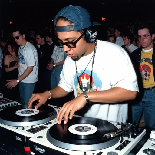 Prompt: dj bebop bobby mixing and scratching on two turntables way too fast at the 1997 wrong way u.s.a. dj mixing finals