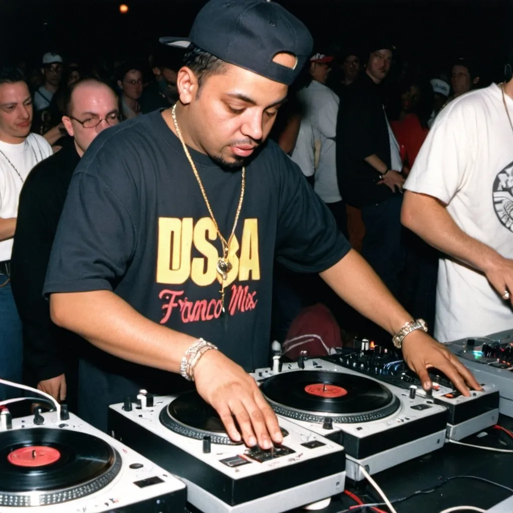 Prompt: dj franco da freaky mix king mixing and scratching on two turntables way too fast at the 1997 wrong way u.s.a. dj mixing finals