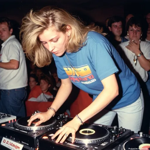 Prompt: dj katrijn broekhaar, female dj from holland mixing and scratching on two turntables way too fast at the 1990 stanton world dj mixing championships eliminations