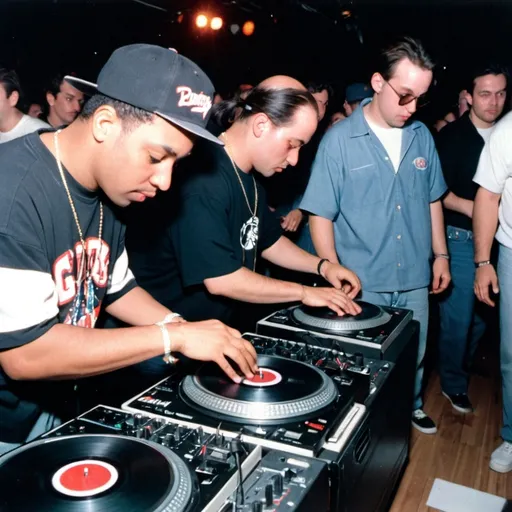 Prompt: dj payback mixing and scratching on two turntables way too fast at the 1990 wrong way u.s.a. dj mixing finals