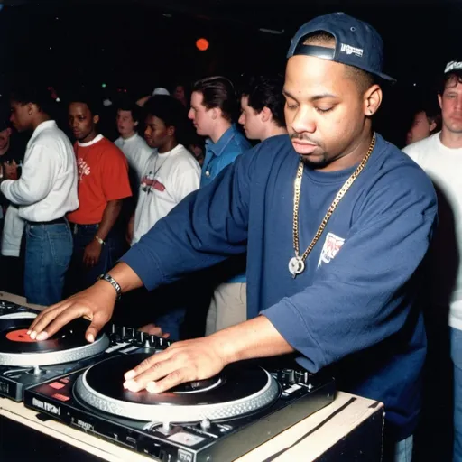 Prompt: dj juggernaut mixing and scratching too fast at the 1990 wrong way u.s.a. dj mixing finals