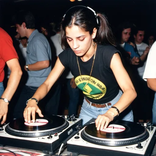 Prompt: dj rebeca pinho espinola from brazil mixing and scratching on two turntables way too fast at the 1990 stanton world dj mixing championships eliminations