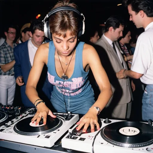 Prompt: dj sextia nelius, female dj from vatican city mixing and scratching on two turntables way too fast at the 1990 stanton world dj mixing championships eliminations