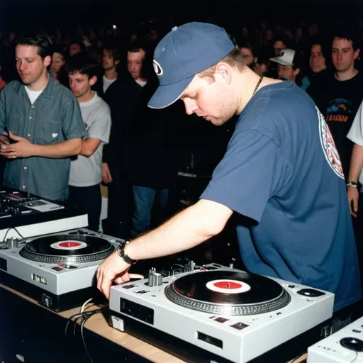 Prompt: dj shadow dude mixing and scratching on two turntables way too fast at the 1992 wrong way u.s.a. dj mixing finals