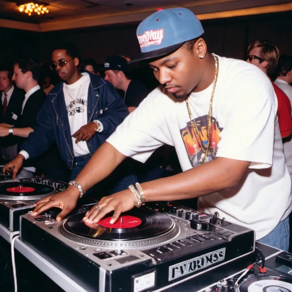 Prompt: dj hilarious d mixing and scratching on two turntables way too fast at the 1991 wrong way u.s.a. dj mixing finals