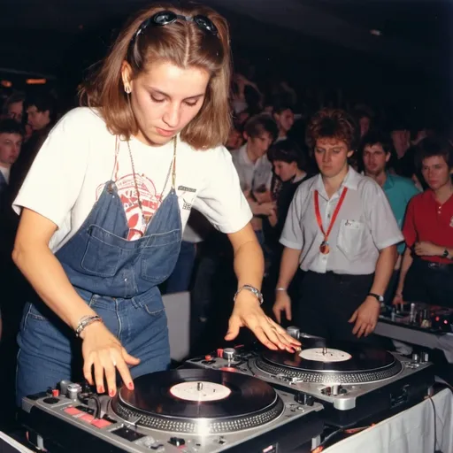 Prompt: dj ema vyoska from slovakia mixing and scratching on two turntables way too fast at the 1990 stanton world dj mixing championships eliminations