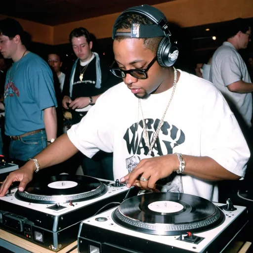 Prompt: dj scratchin' duke mixing and scratching on two turntables way too fast at the 1996 wrong way u.s.a. dj mixing finals