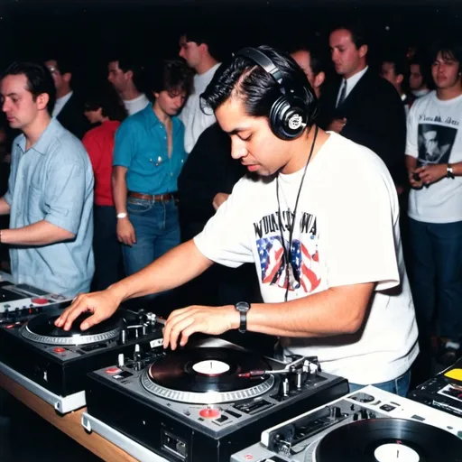 Prompt: dj pugilator mixing and scratching on two turntables way too fast at the 1991 wrong way u.s.a. dj mixing finals