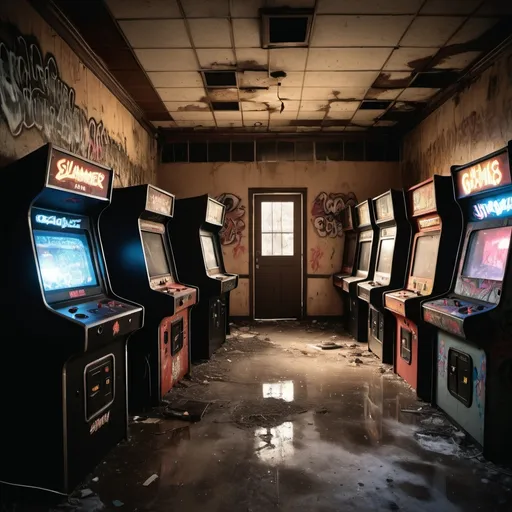 Prompt: dj slammer's heavy hitters arcade game center back section arcade hall with 24 arcade machines- 12 on left and 12 on right-this is an abandoned arcade of the rough community