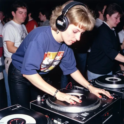 Prompt: dj elsa newton from wales mixing and scratching on two turntables way too fast at the 1990 stanton world dj mixing championships eliminations