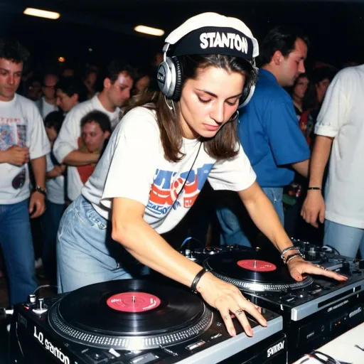 Prompt: dj greta la spina, female dj from italy mixing and scratching on two turntables way too fast at the 1990 stanton world dj mixing championships eliminations