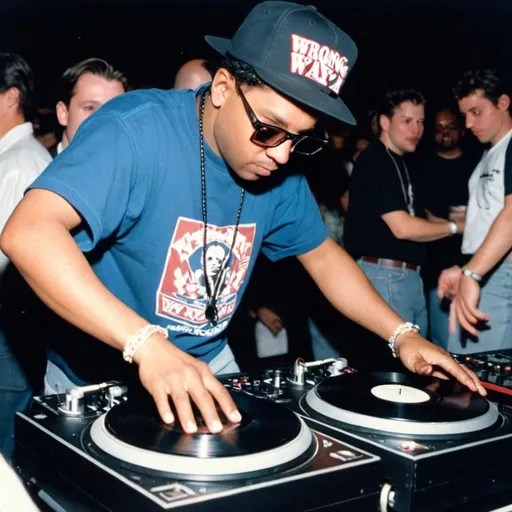 Prompt: dj thunderbird mixing and scratching on two turntables way too fast at the 1990 wrong way u.s.a dj mixing finals