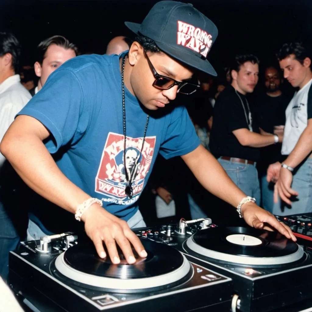 Prompt: dj thunderbird mixing and scratching on two turntables way too fast at the 1990 wrong way u.s.a dj mixing finals