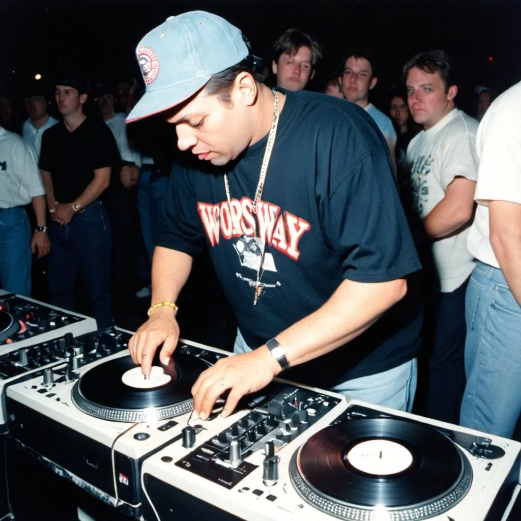 Prompt: dj mr. sandman mixing and scratching on two turntables way too fast at the 1990 wrong way u.s.a dj mixing finals