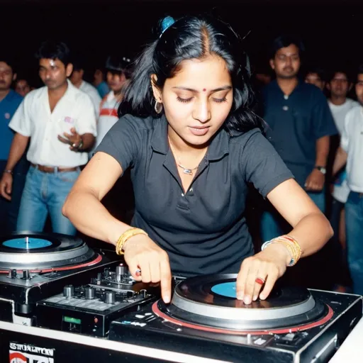 Prompt: dj subheksha sigdel, female dj from nepal mixing and scratching on two turntables way too fast at the 1990 stanton world dj mixing championships eliminations