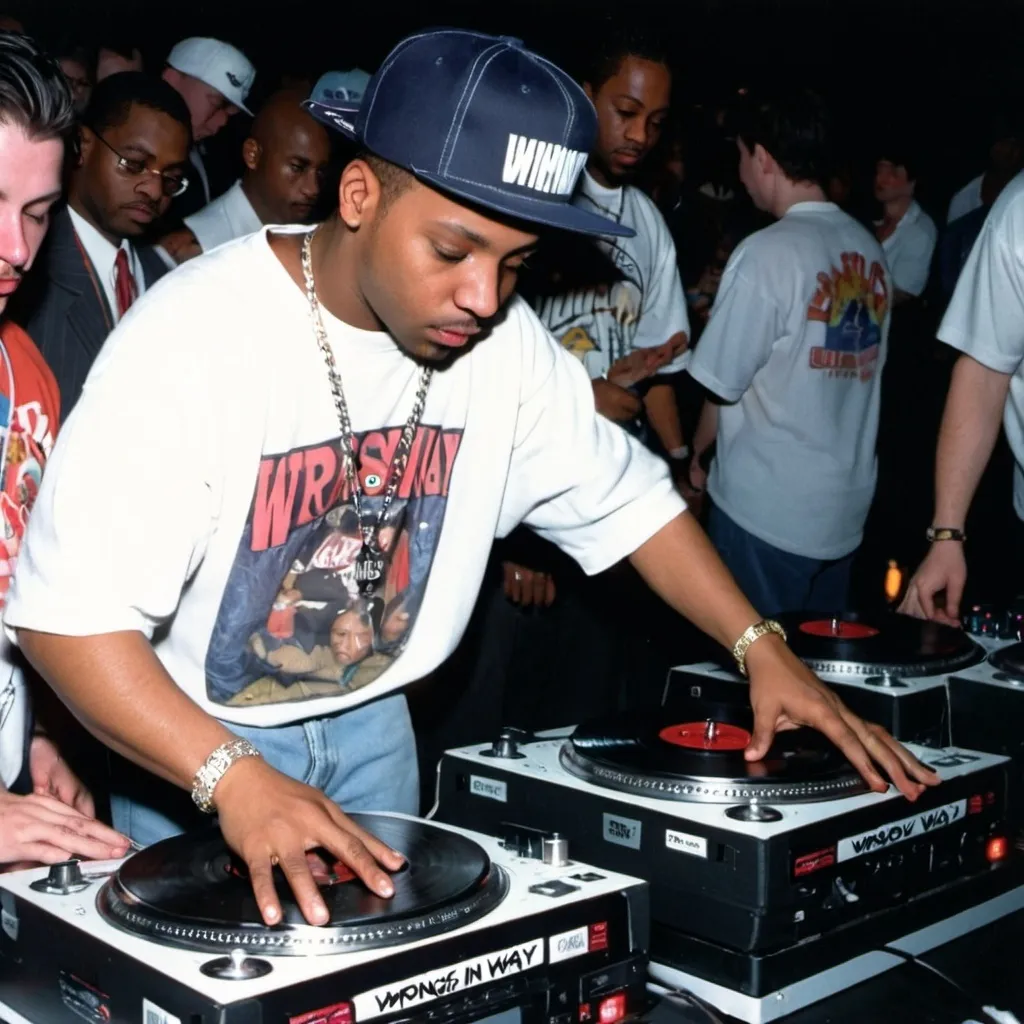 Prompt: dj prince backspin mixing and scratching on two turntables way too fast at the 1996 wrong way u.s.a. dj mixing finals