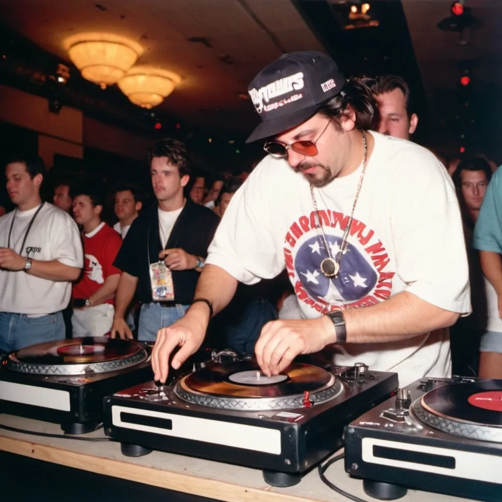 Prompt: dj strauss corfam mixing and scratching on two turntables way too fast at the 1992 wrong way dj u.s.a. finals