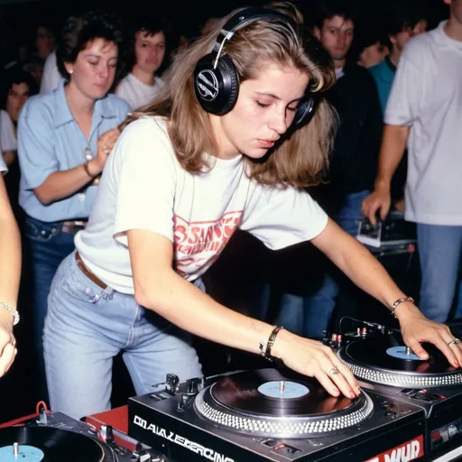 Prompt: dj alexia leclercq from belgium mixing and scratching on two turntables way too fast at the 1990 stanton world dj mixing championships eliminations