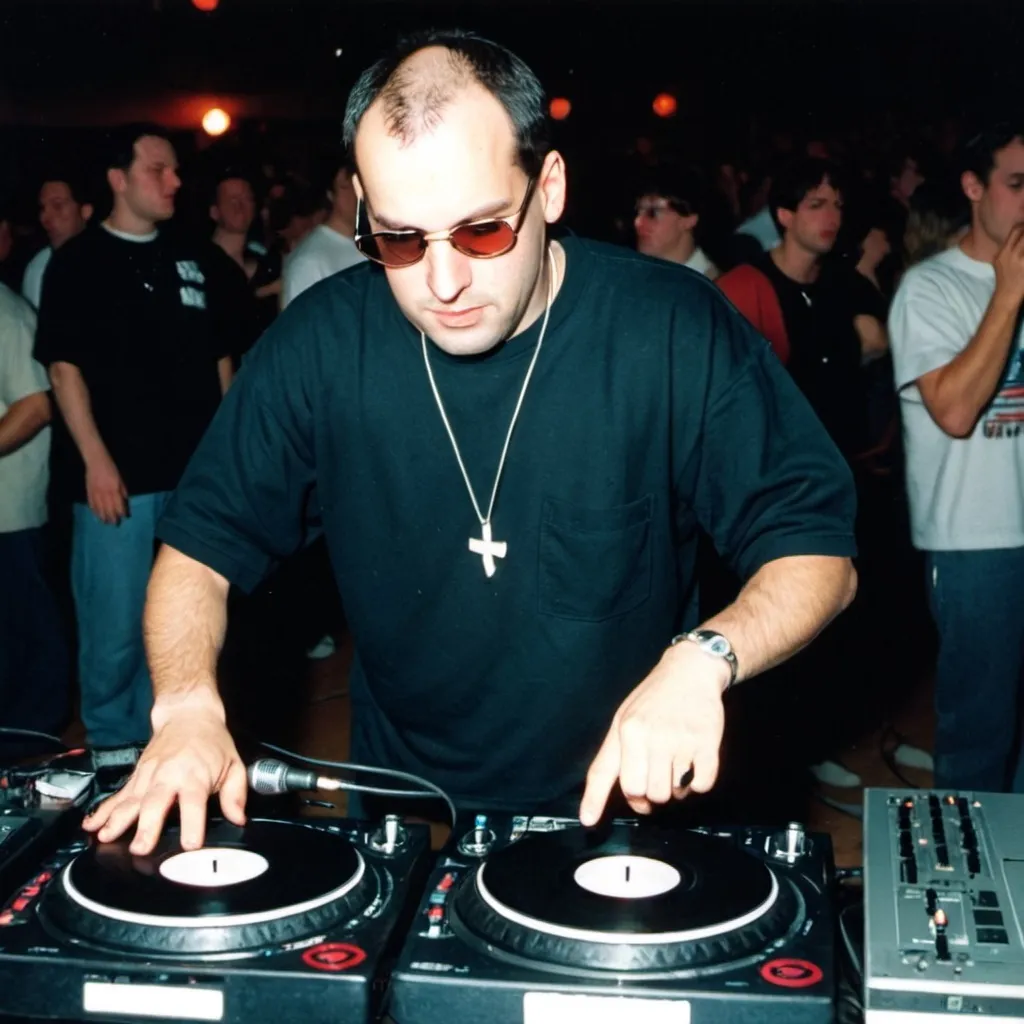 Prompt: dj schwarzenstein at the 1995 wrong way u.s.a. dj mixing finals