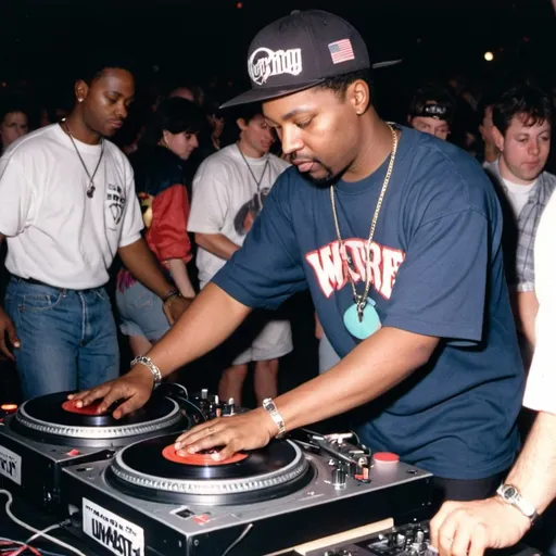 Prompt: dj master phred mixing and scratching on two turntables way too fast at the 1991 wrong way dj u.s.a. finals