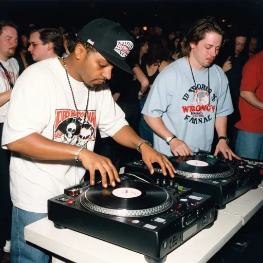 Prompt: dj hungry jack mixing and scratching on two turntables way too fast at the 1996 wrong way u.s.a. dj mixing finals