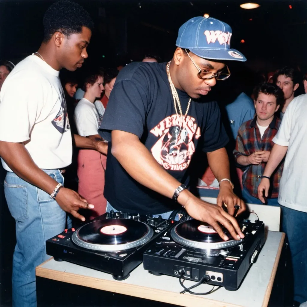 Prompt: dj violent jo mixing and scratching on two turntables way too fast at the 1990 wrong way u.s.a. dj mixing finals