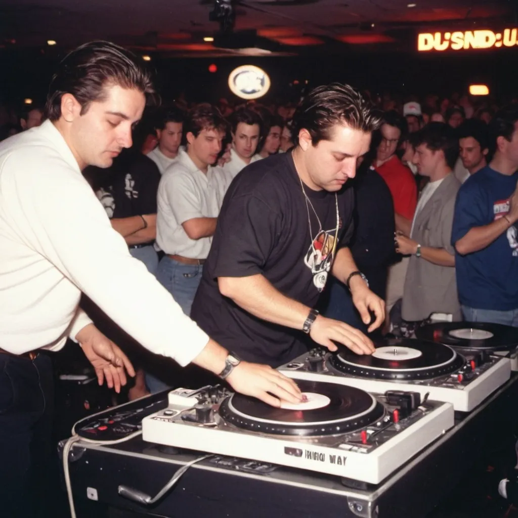 Prompt: dj stoney rigatoni mixing and scratching on two turntables way too fast at the 1991 wrong way dj u.s.a. finals