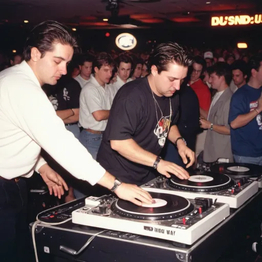 Prompt: dj stoney rigatoni mixing and scratching on two turntables way too fast at the 1991 wrong way dj u.s.a. finals