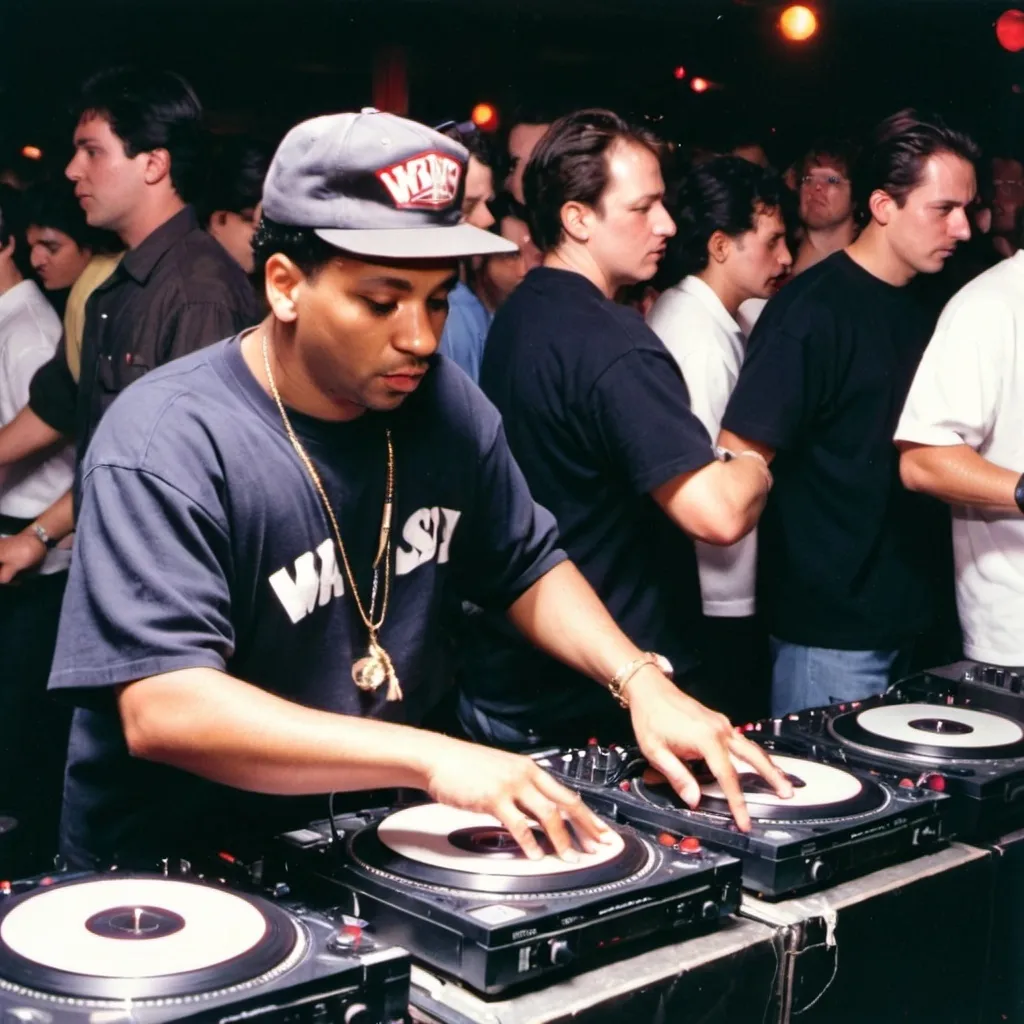 Prompt: dj fight clubber mixing and scratching on two turntables way too fast at the 1991 wrong way u.s.a. dj mixing finals