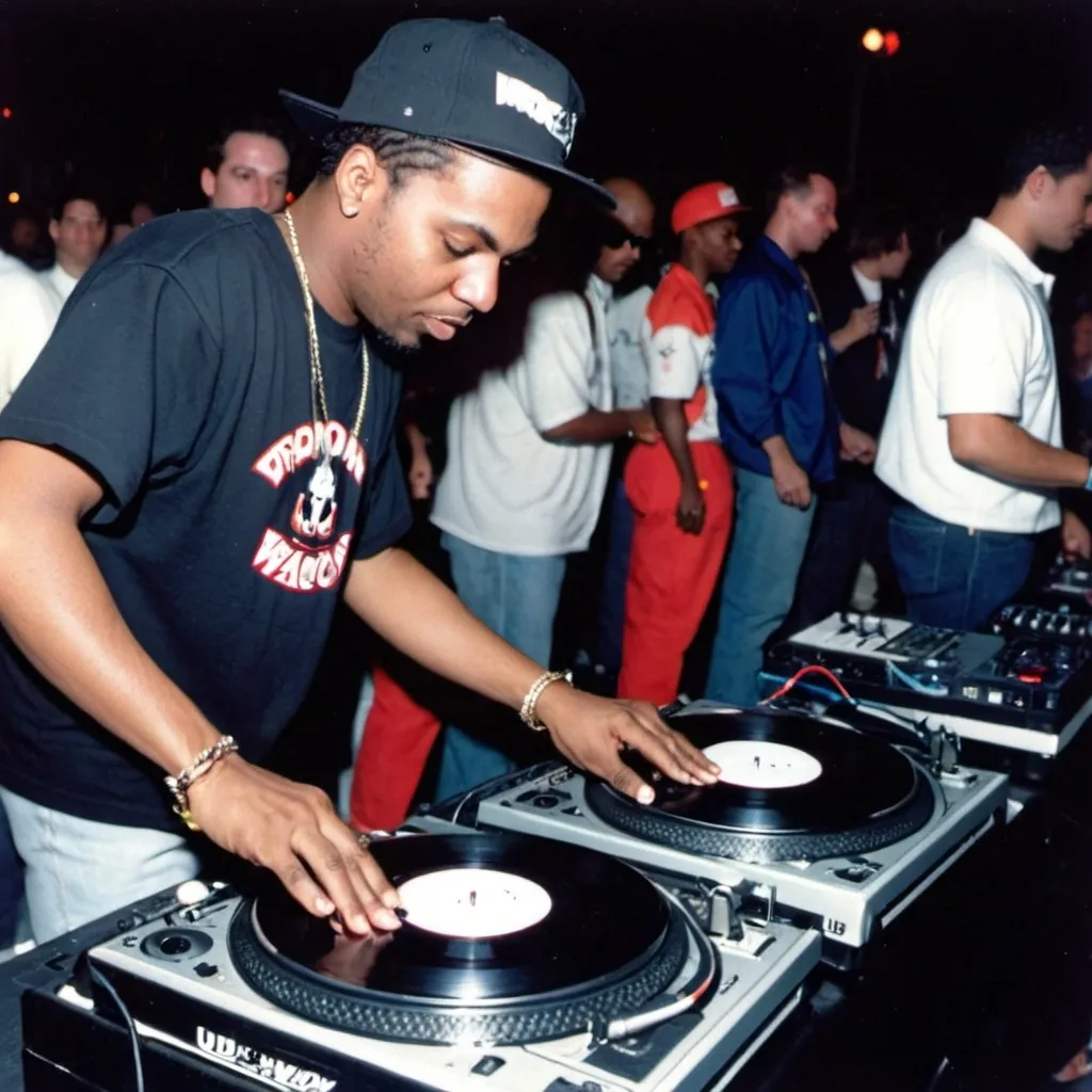 Prompt: dj syphon cruel mixing and scratching on two turntables way too fast at the 1991 wrong way dj u.s.a. finals