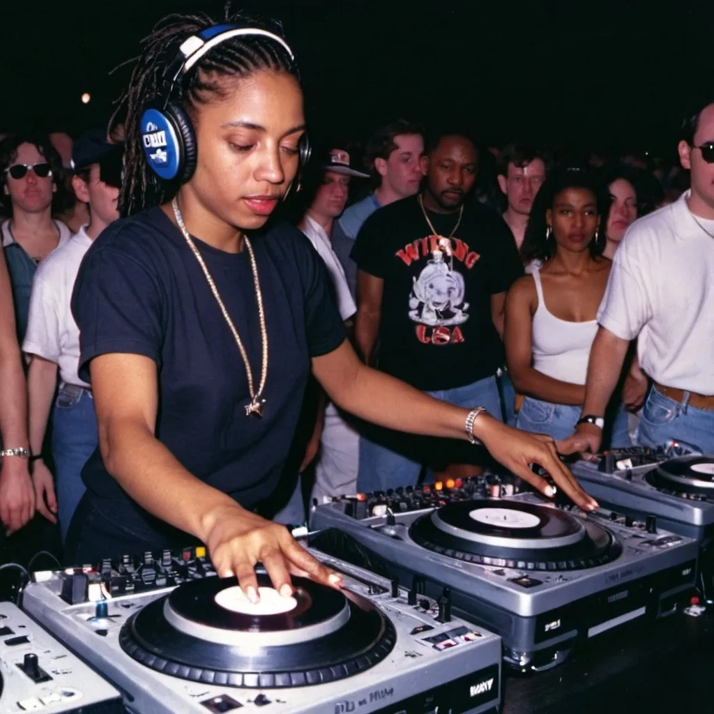 Prompt: dj may queen 99 at the 1995 wrong way u.s.a. dj mixing finals