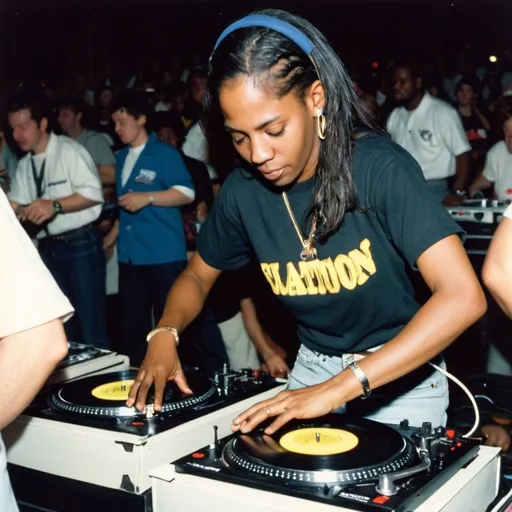 Prompt: dj trinika fielding from jamaica mixing and scratching on two turntables way too fast at the 1990 stanton world dj mixing championships eliminations