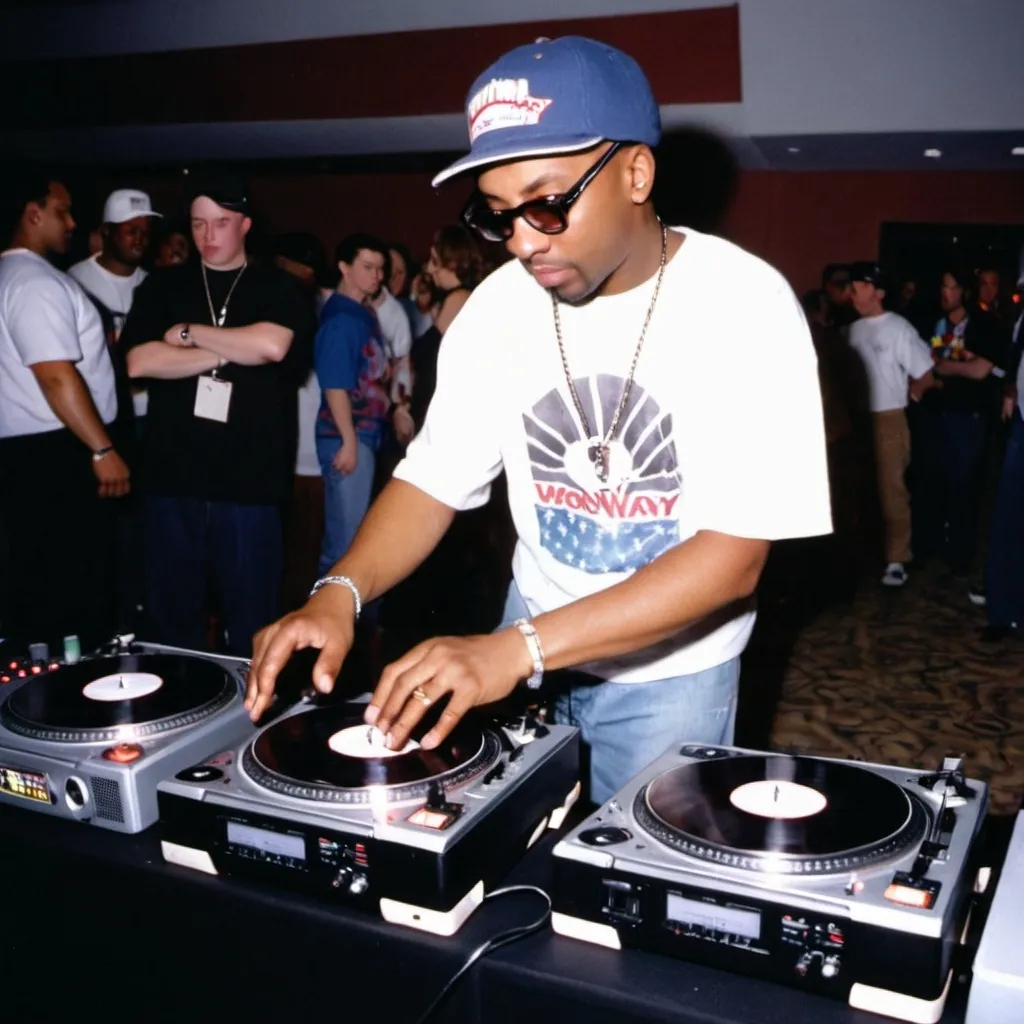 Prompt: dj spinmaster spike mixing and scratching on two turntables way too fast at the 1997 wrong way u.s.a. dj mixing finals