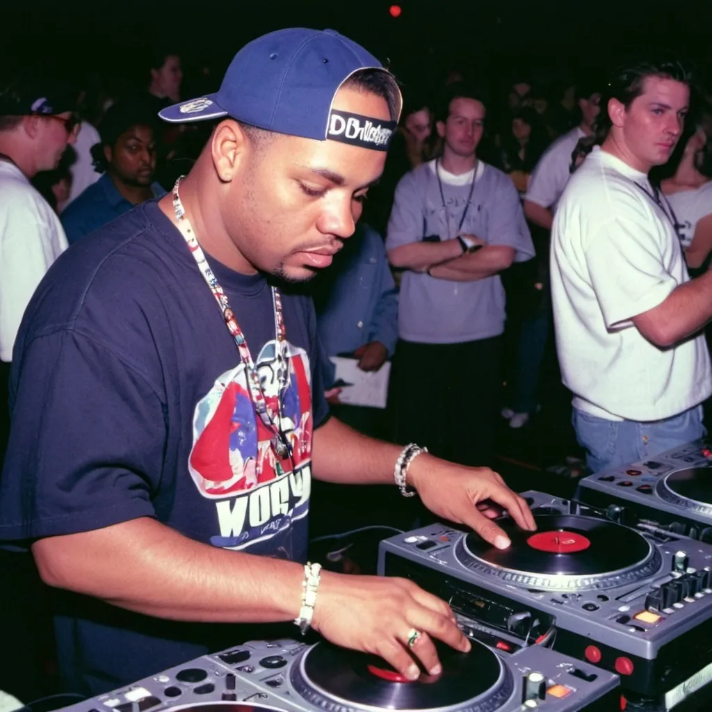 Prompt: dj highlander at the 1995 wrong way u.s.a. dj mixing finals