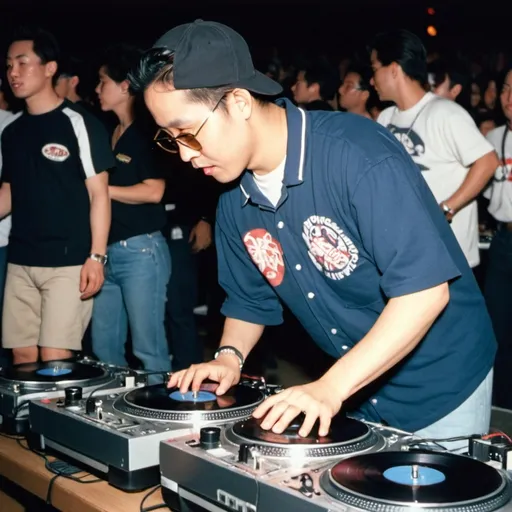 Prompt: dj honson kondo mixing and scratching on two turntables way too fast at the 1991 wrong way dj u.s.a. finals