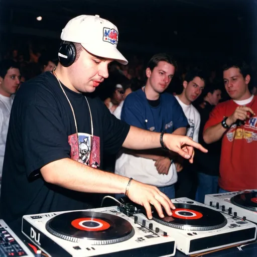 Prompt: dj evil ernie at the 1995 wrong way u.s.a. dj mixing finals