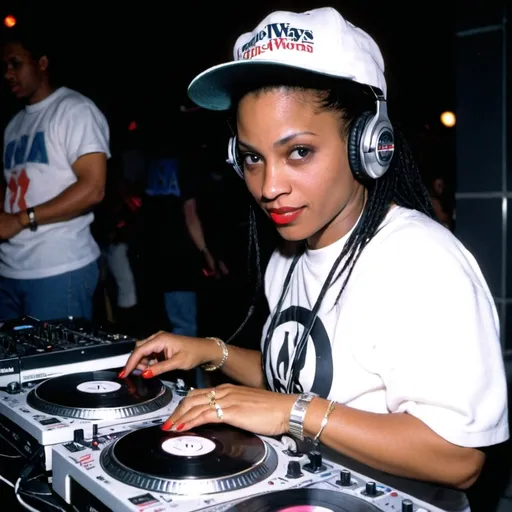 Prompt: dj smooth-n-dangerous, female dj of the 1993 wrong way u.s.a. dj mixing finals