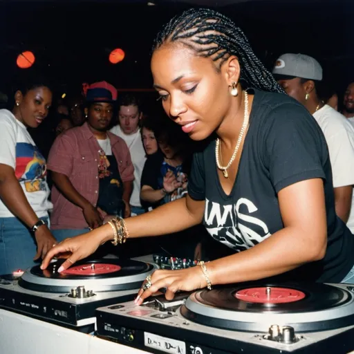 Prompt: dj jewel o' da nile, female dj mixing and scratching on two turntables way too fast at the 1997 wrong way u.s.a. dj mixing finals