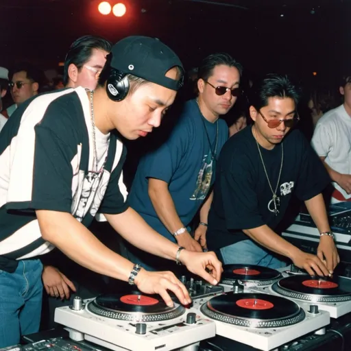 Prompt: dj kaiser kong mixing and scratching on two turntables way too fast at the 1991 wrong way u.s.a. dj mixing finals