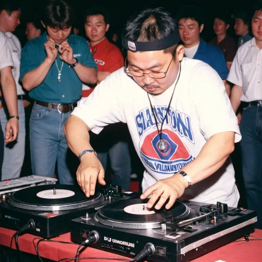 Prompt: dj chagdaryne jargalanchuluun from mongolia mixing and scratching on two turntables way too fast at the 1990 stanton world dj mixing championships eliminations