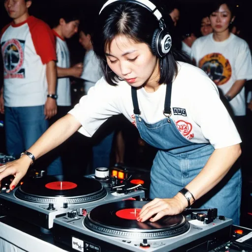 Prompt: dj nara yaeko from japan mixing and  scratching on two turntables at the 1990 stanton world dj mixing championships eliminations