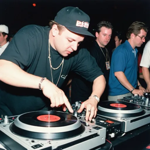 Prompt: dj ken barryhil mixing and scratching on two turntables way too fast at the 1992 wrong way dj u.s.a. finals