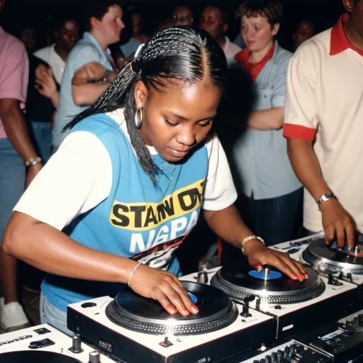 Prompt: dj fezeka nompucuko mqalo nongxa, female dj from south africa mixing and scratching on two turntables way too fast at the 1990 stanton world dj mixing championships eliminations